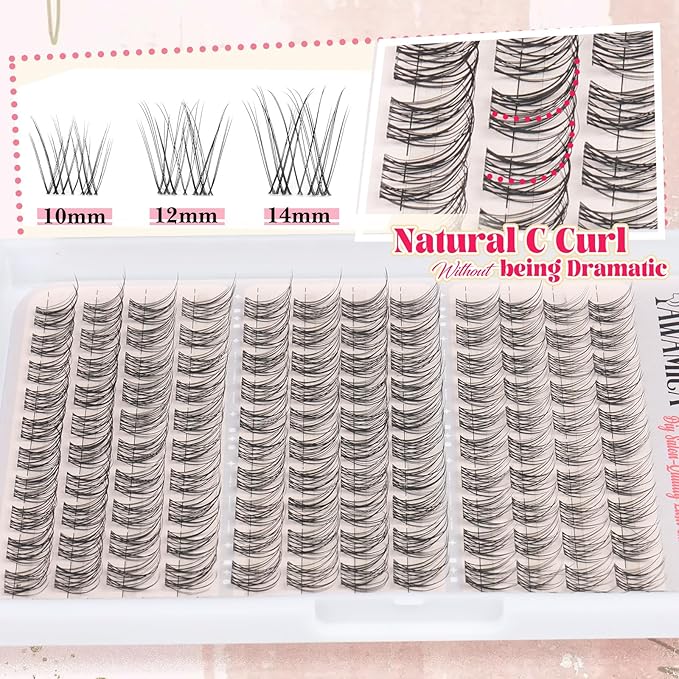 Yawamica Natural Lash Clusters Clear Band Eyelash Clusters 10-14mm Lash Extension Wispy Individual Lashes C Curly Cluster Lashes DIY Cluster Eyelash Extensions Natural Look by Self (Venus)