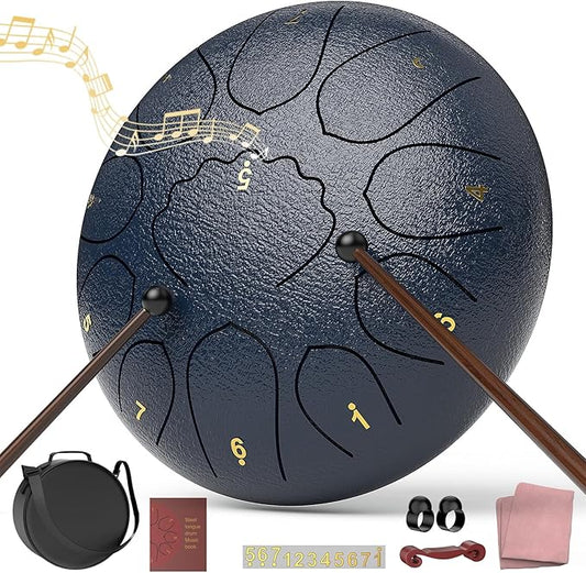 Rain Drum for Outside Garden, 8 Inches 11 Notes Steel Tongue Drum, Waterproof Meditation Rain Chime, Musical Instruments for Adult Gift with Bag, Music Book, Mallets (Navy Blue)
