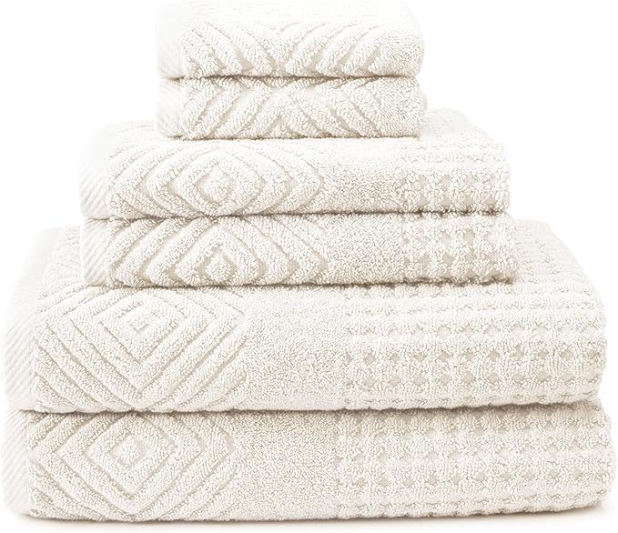 Texere 100% Organic Cotton Jacquard 650 GSM Premium Bath Towel Set - Extra Absorbent Quick Dry and Plush (Cable, Light Taupe, 2 Bath & 2 Hand Towels)