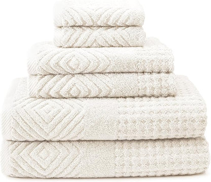 Texere 100% Organic Cotton Diamond Jacquard Luxury Bath Towel Sets - Soft and Absorbent Hotel and Spa Quality - 2 Large Bath Towels, 2 Hand Towels, 2 Washcloths (Diamond, Cream, 6 Piece)