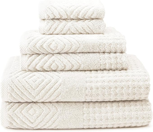 Texere 100% Organic Cotton Diamond Jacquard Luxury Bath Towel Sets - Soft and Absorbent Hotel and Spa Quality - 2 Large Bath Towels, 2 Hand Towels, 2 Washcloths (Diamond, Cream, 6 Piece)