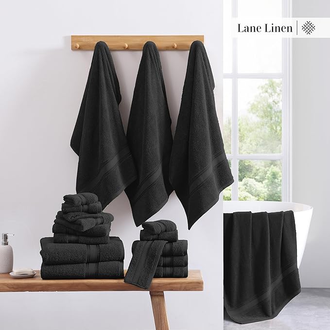 LANE LINEN Luxury Bath Towels Set - 12 Piece Set, 100% Cotton, Zero Twist, Quick Dry Shower Towel, Absorbent Towel, Super Soft, 4 Bath Towels, 4 Hand Towels, 4 Wash Cloths - Black