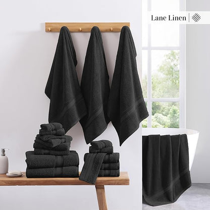 LANE LINEN Luxury Bath Towels Set - 12 Piece Set, 100% Cotton, Zero Twist, Quick Dry Shower Towel, Absorbent Towel, Super Soft, 4 Bath Towels, 4 Hand Towels, 4 Wash Cloths - Black