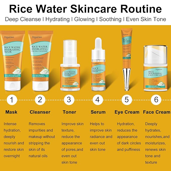 Skin Care Set,6Pcs Women Teen Glass Skincare w/Korean Rice Extract,Hydrate Glow Repair Anti-Aging Facial Routine Kit Gift for Women Mom Wife Teenage Girl Trendy Stuff Christmas Gifts Stocking Stuffers