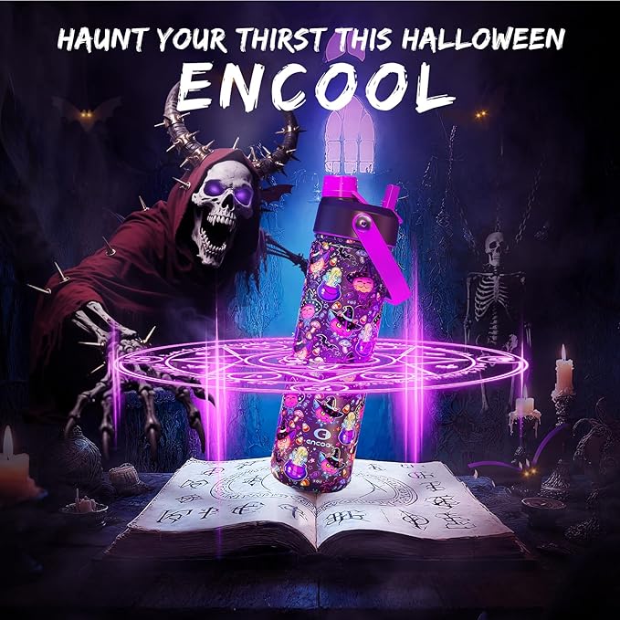 Halloween Insulated Water Bottle with Straw, Stainless Steel Water Bottle, Leak Proof BPA-Free, Keeps Cold for 24 Hours for Sports, Skull Spooky Holiday Gifts (26 oz, Meowgic Night)