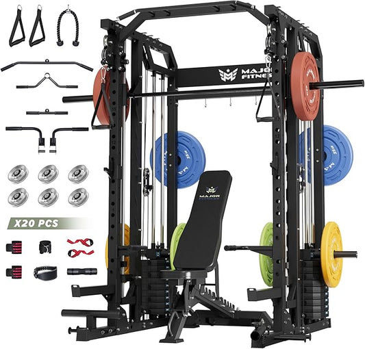 Major Fitness Smith△ Machine Drone2 Premium, All-in-One Home Gym Squat Rack with Aluminum Pulley Set , Weight Bar, Dual LAT Pull-Down Systems & Cable Crossover Machine for Full-Body Workouts