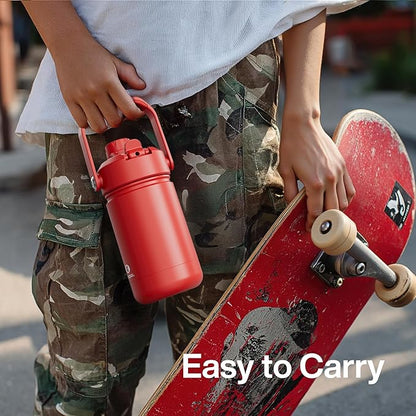 Kids Insualated Water Bottle with Straw - 12oz Stainless Steel Water Bottle with Dual Spouts, Leak-Proof, BPA-Free, Double Wall Vacuum Keeps Cold for 24 Hours for Sports, Travel, School (Cream Moon)