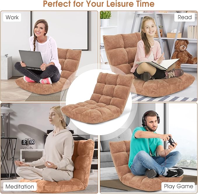 Moccha 14-Position Floor Chair, Folding Sofa Chair with Back Support, Memory Foam Floor Gaming Chairs for Adults, Adjustable Padded Couch Recliner Sleeper Bed for Reading, Meditating, Beige