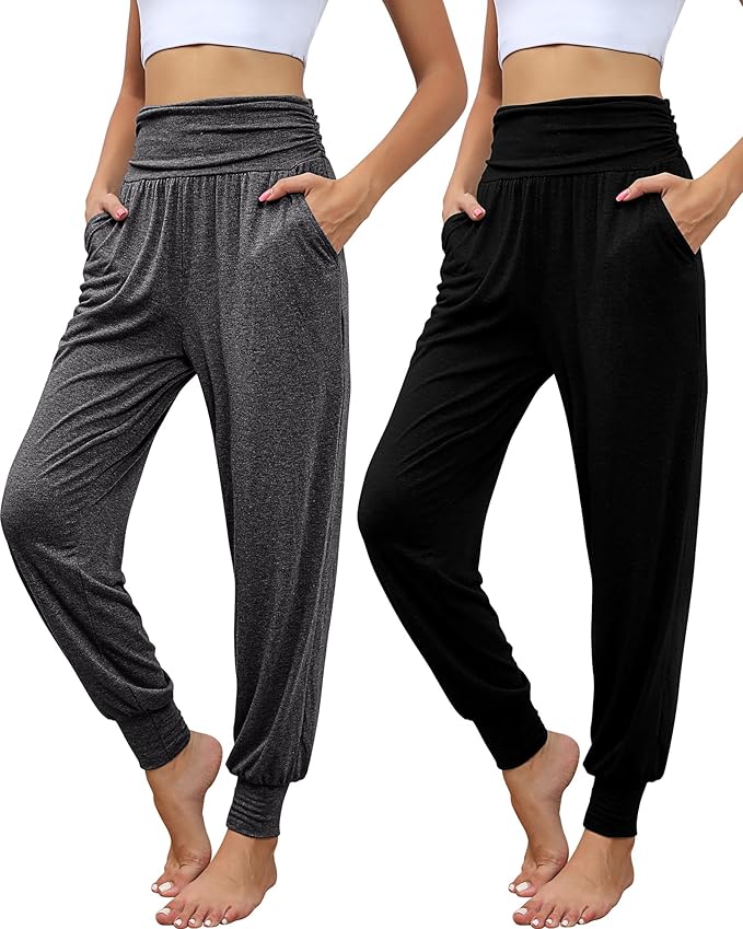 2 Pack Women's Yoga Joggers, Cozy Sweatpants with Pockets Casual Loose Comfy High Waisted Lounge Pants