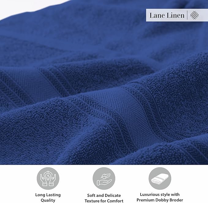 LANE LINEN 100% Cotton 4 Pack Bath Towels (30"x60") - Zero Twist, Mercerized Cotton Towels Set for Bathroom - Quick Dry, Soft & Absorbent Large Bath Towel Set - Dorm Essentials for Boys - Navy Blue