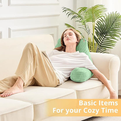 Sasttie Reading Pillow, Velvet Back Pillow for Bed Sitting Up, Adult Back-Rest Support Cushion with Arms for Sit Up on Couch, Sofa, and Floor, Dorm Essentials, Reading Accessories, Light Green