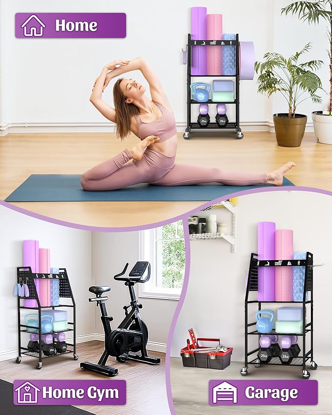 Mythinglogic Dumbbell Rack for Home Gym, Weight Rack for Dumbbells, Multifunctional Yoga Mat Holder for Barbell plates and Kettlebells, Home Gym Storage Rack with Casters