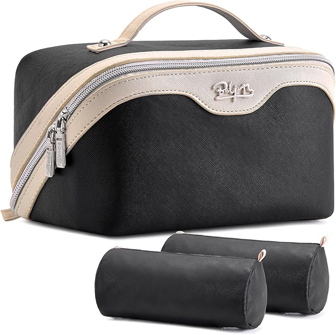 BOYATU Travel Makeup Bag Organizer Cosmetic Bag: 3 Pcs Set Make up Bags for Women with Handle - Waterproof Vegan Leather Toiletry Bags Travel Essentials Pouch with Compartments (G-02-Black)