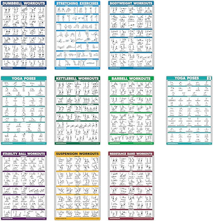 QuickFit 10 Pack - Exercise Workout Poster Set - Yoga Volume 1 & 2, Suspension, Kettlebell, Resistance Bands, Stretching, Bodyweight, Barbell, Exercise Ball (Laminated, 18" x 27")