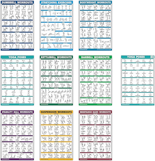 QuickFit 10 Pack - Exercise Workout Poster Set - Yoga Volume 1 & 2, Suspension, Kettlebell, Resistance Bands, Stretching, Bodyweight, Barbell, Exercise Ball (Laminated, 18" x 27")
