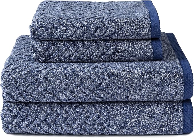 Texere 100% Organic Cotton Jacquard 650 GSM Premium Bath Towel Sets - Extra Absorbent Quick Dry and Plush (Cable, Estate Blue, 2 Bath & 2 Hand Towels)