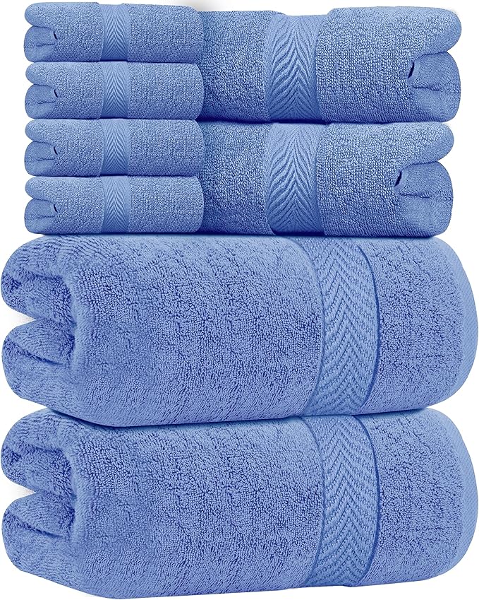 Oakias Premium Towel Set 600 GSM 8 Piece Blue - 100% Ring Spun Cotton Highly Absorbent Towels Set - Super Soft Bathroom Towel Set - Hotel Quality Double Stitched Hem - Ideal for Hotels, Spa, Gyms