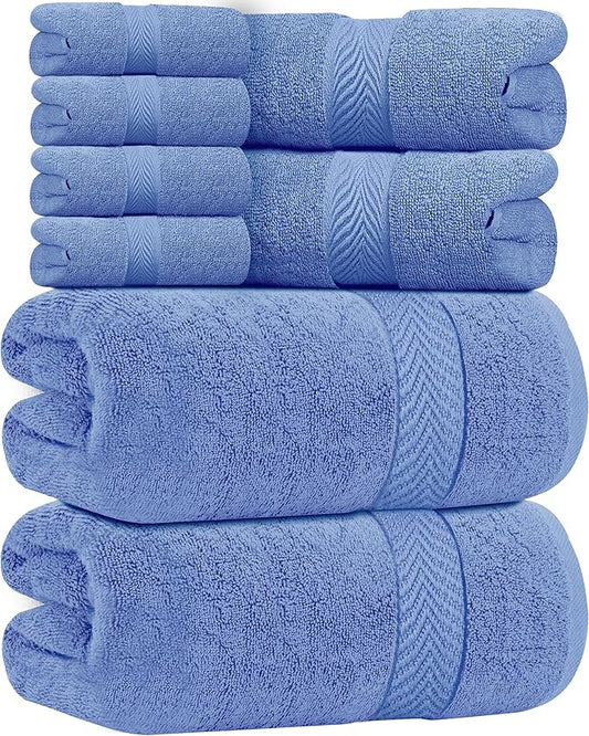 Oakias Premium Towel Set 600 GSM 8 Piece Blue - 100% Ring Spun Cotton Highly Absorbent Towels Set - Super Soft Bathroom Towel Set - Hotel Quality Double Stitched Hem - Ideal for Hotels, Spa, Gyms