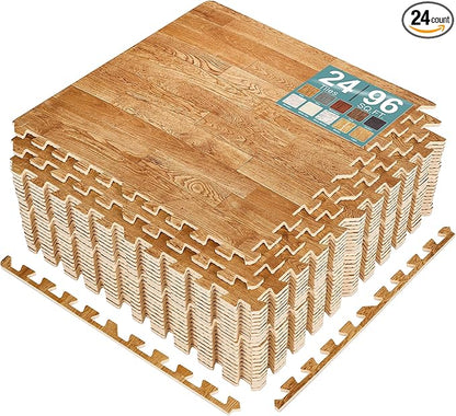 Sorbus Wood Grain Floor Tiles Foam Mat EVA Interlocking Mats Tile 3/8-Inch Thick Flooring Wood Puzzle Exercise Mats w/Borders - Home Playroom Basement, Apartment, Trade Show, Baby, Dance