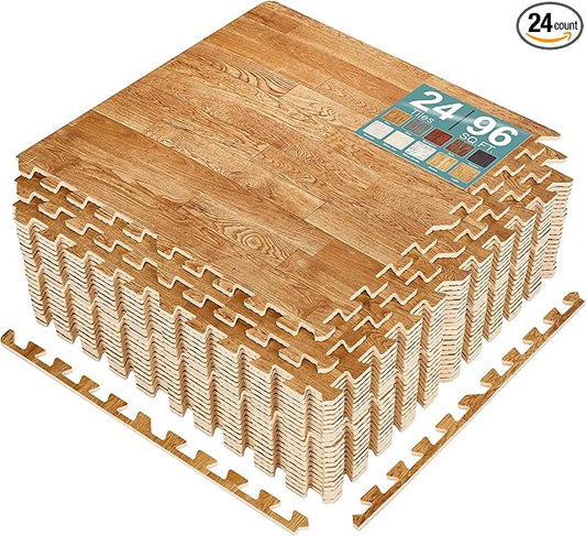 Sorbus Wood Grain Floor Tiles Foam Mat EVA Interlocking Mats Tile 3/8-Inch Thick Flooring Wood Puzzle Exercise Mats w/Borders - Home Playroom Basement, Apartment, Trade Show, Baby, Dance