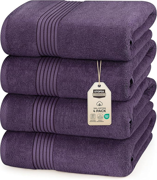 Utopia Towels 4 Pack Bath Towels Set, 27 by 54 Inches, 100% Ring Spun Cotton, Quick Dry, Highly Absorbent, Soft Feel Towels, Perfect for Daily Use, Plum