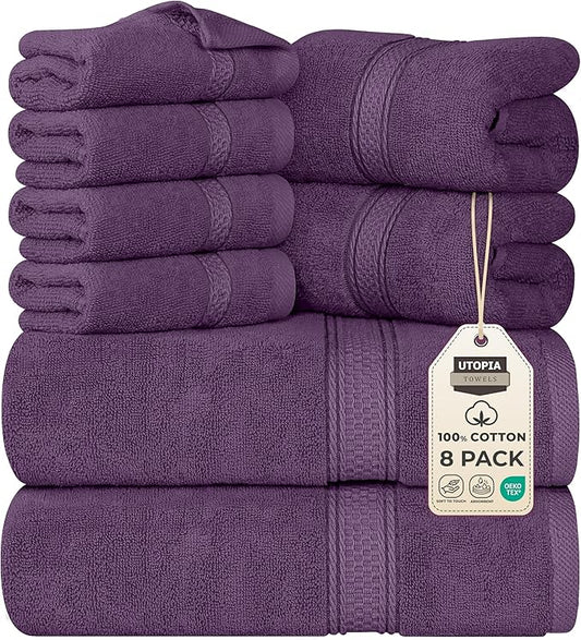 Utopia Towels 8 Piece Premium Towel Set, 2 Bath, 2 Hand, and 4 Wash Cloths, 600 GSM 100% Ring Spun Cotton, Highly Absorbent Towels for Bathroom, Gym, Hotel, and Spa, Plum