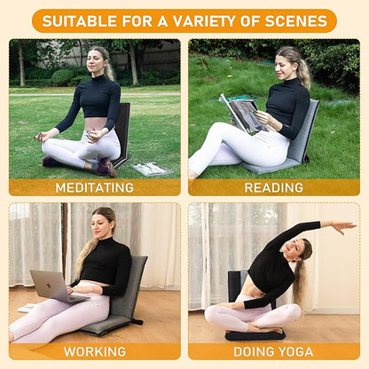 Floor Chair with Back Support 14-Position Adjustable Floor Chair Portable Ground Seating for Adults & Kids Foldable Meditation Seat with Japanese KOYO Bearings & Washable Linen Cover (Black)