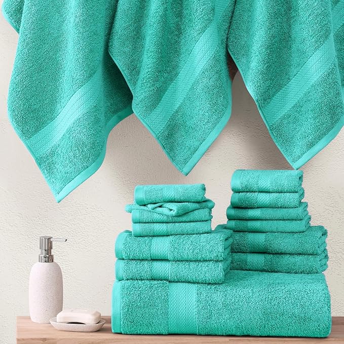 LANE LINEN 100% Luxury Cotton Towel for Bathroom - 24 Pcs - Ringspun, Quick Dry, Ultra Soft & Absorbent - 2 Bath Sheet, 4 Bath Towels, 6 Hand Towel, 8 Washcloth, 4 Fingertip - Fade Resistant - Teal