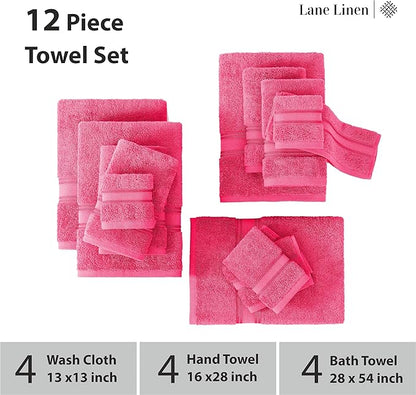 LANE LINEN Luxury Bath Towels Set - 12 Piece (4 Bath Towels, 4 Hand Towels, 4 Washcloths), 100% Cotton, Zero Twist, Super Soft & Extra Absorbent - Fuchsia