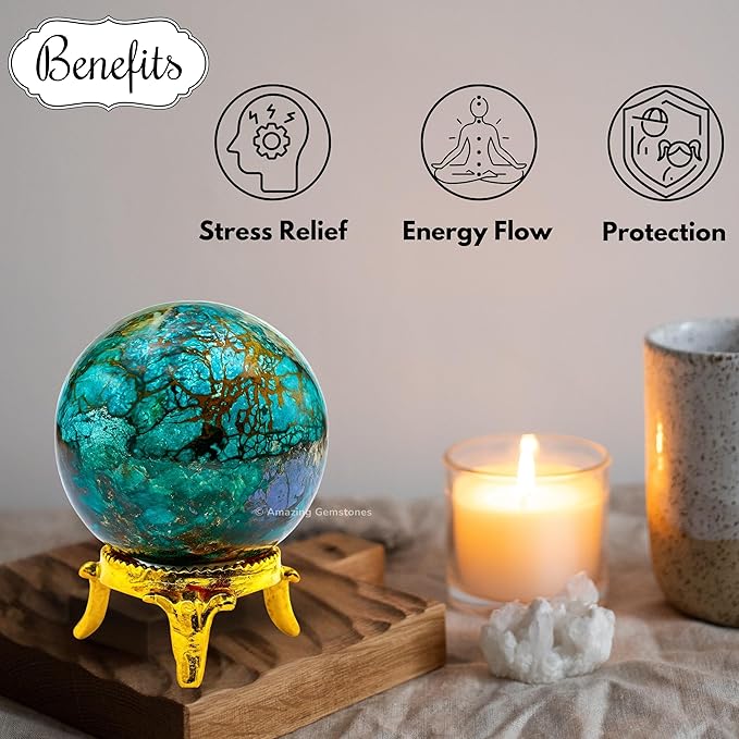 Amazing Gemstone Chrysocolla Shattuckite Crystal Ball with Stand - 2 Inches Crystal Sphere Meditation Balls for Witchcraft and Decorative Balls