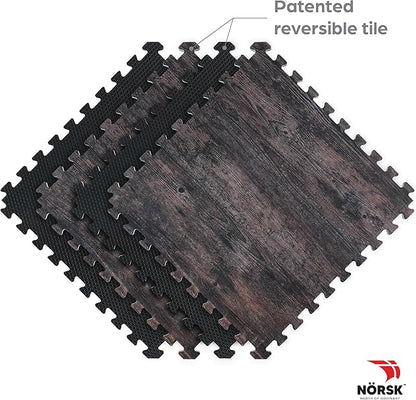 Décor by NÖRSK Reversible Interlocking Faux Wood Foam Floor Tiles, 24 X 24 X .47", 4-Pack, 16 Square Feet, Dark Walnut/Black