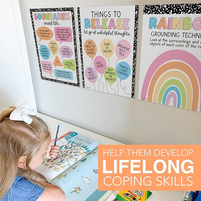 9 Mental Health Posters For Classroom - 11x14" School Counselor Office Decor, Power of Yet & Growth Mindset Poster, School Counseling Posters Elementary - Pastel Classroom Decor