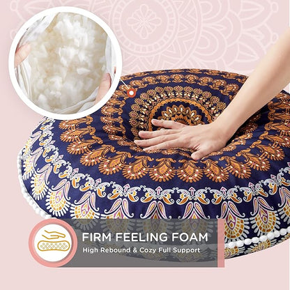Codi Floor Pillows for Sitting Set of 2, Large Meditation Cushions for Adults with Memory Foam, Bohemian Mandala Round Seating for Outdoor Yoga and Living Room, Washable，32 Inch, Yellow