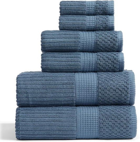Springtree Home 100% Cotton Bath Towel Set | 6 Piece Set | Absorbent & Quick-Dry Bath Towels | Textured and Durable Cotton | Krista Collection - Oceanview