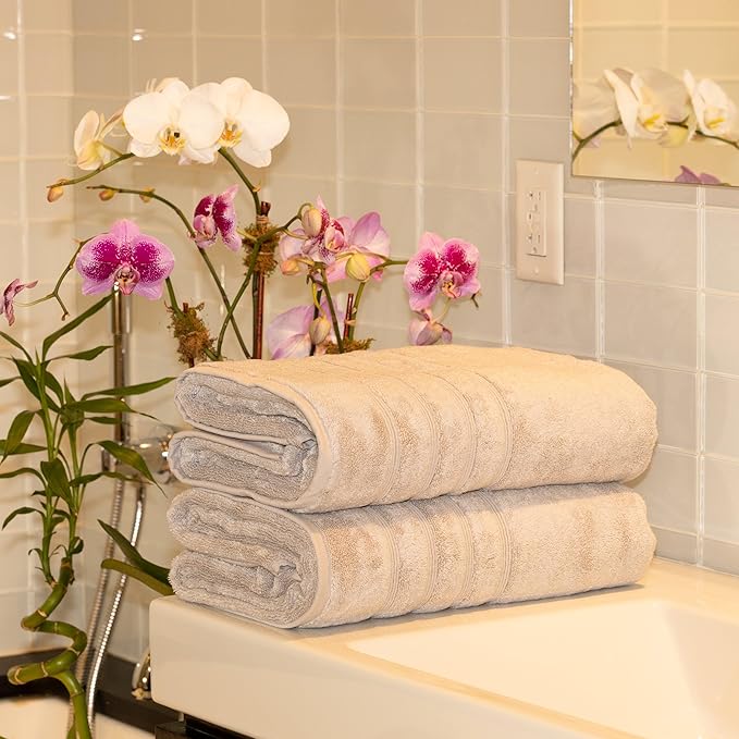 Mosobam Luxury Turkish Towels Set of 2 Bath Sheets 35X70 Light Grey (Gray) 700 GSM Bamboo Viscose & Aegean Turkish Combed Cotton