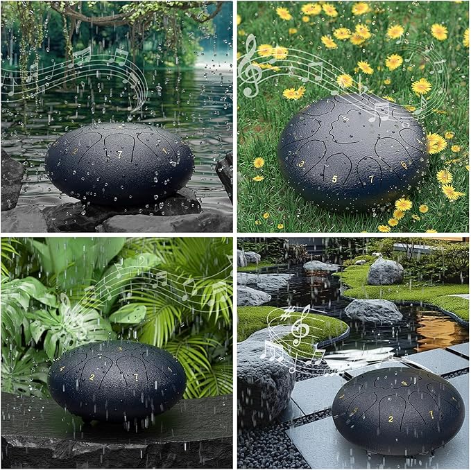 Rain Drum for Outside Garden, 8 Inches 11 Notes Steel Tongue Drum, Waterproof Meditation Rain Chime, Musical Instruments for Adult Gift with Bag, Music Book, Mallets (Navy Blue)
