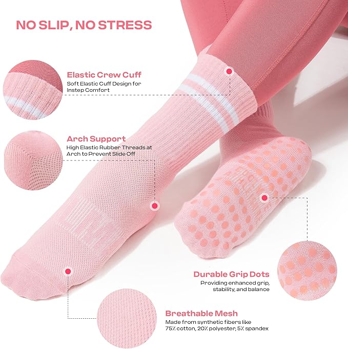 CoolMate Pilates Socks with Grips for Women, Yoga Socks, Crew Non Slip Women for Workout, Barre, Pilates Gifts