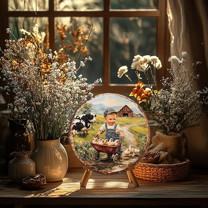 Cbngaoey 1pc Vintage Farm Scene Aluminum Wall Art - 8x8 Inch Round Metal Sign with Boy in Overalls and Chickens,Perfect Gift for Holidays and Outdoor Spaces,Durable Wall Art, Farmhouse Decor