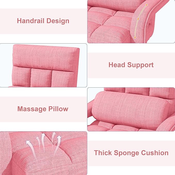 Adjustable Floor Gaming Chair for Adults, 6-Position Chaise Lounge Chair with Meditation Arm, Foldable Lazy Sofa with Pillow, Comfy Chair Indoor for Bedroom Dorm Living Room, Pink