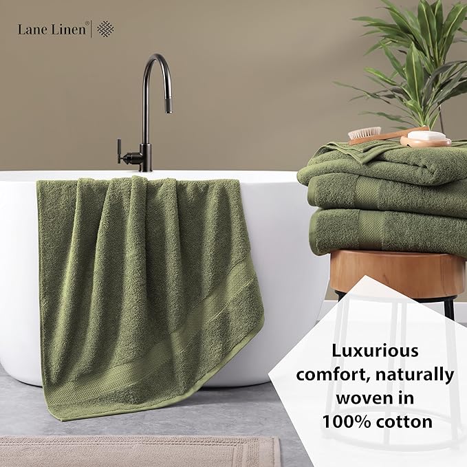 Lane Linen 100% Cotton 4 Pack Bath Towels (28"x54") - Zero Twist, Mercerized Cotton Bathroom Towels Set - Quick Dry, Very Soft & Absorbent Large Bath Towels - Tumble Dry Regains Fluffiness - Oil Green