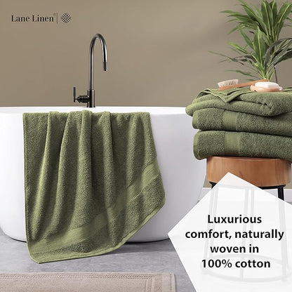 Lane Linen 100% Cotton 4 Pack Bath Towels (28"x54") - Zero Twist, Mercerized Cotton Bathroom Towels Set - Quick Dry, Very Soft & Absorbent Large Bath Towels - Tumble Dry Regains Fluffiness - Oil Green
