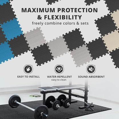 bemaxx Gym Mats Set - 54 pcs EVA Interlocking Foam Floor Tiles (12.6"x12.6"x0.4") 54sqft Protective Gym Flooring Sports Home Workout Exercise Mats Puzzle Garage Fitness Play-Room Garage Pool Treadmill