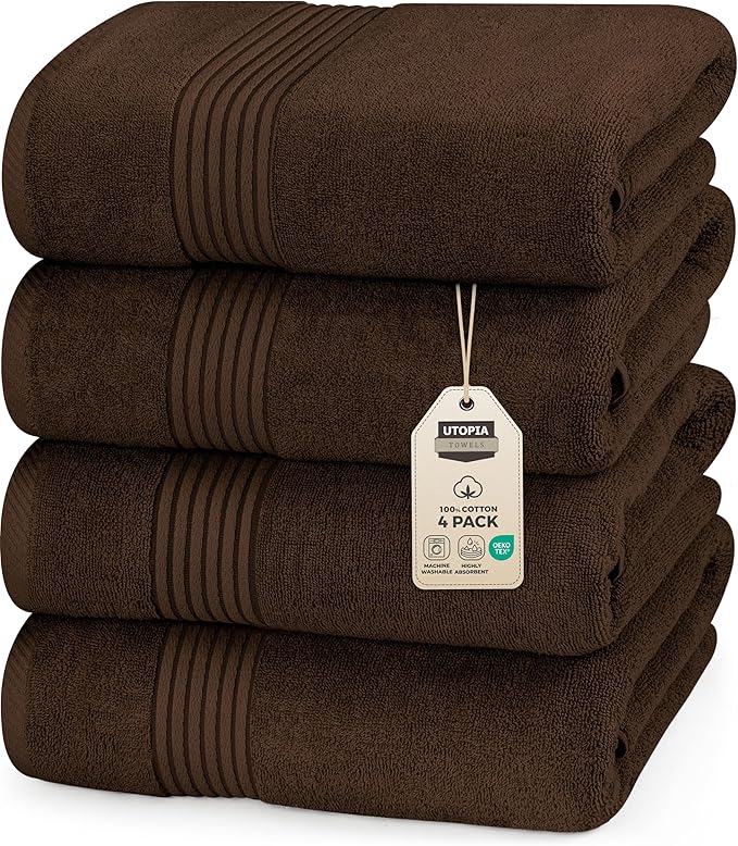 Utopia Towels 4 Pack Bath Towels Set, (27 x 54 Inches) 100% Ring Spun Cotton, Quick Dry, Highly Absorbent, Soft Feel Towels, Perfect for Daily Use (Dark Brown)