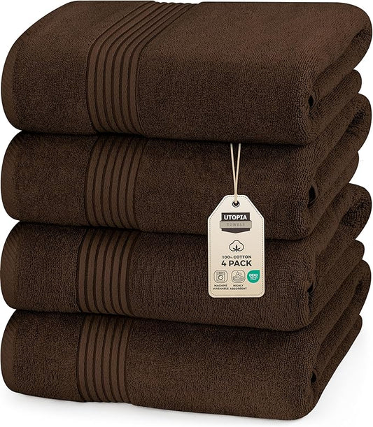 Utopia Towels 4 Pack Bath Towels Set, (27 x 54 Inches) 100% Ring Spun Cotton, Quick Dry, Highly Absorbent, Soft Feel Towels, Perfect for Daily Use (Dark Brown)