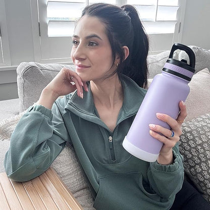 OLDLEY 32 oz Insulated Water Bottle With Straw, Stainless Steel Sports Water Cup Flask with 3 Lids(Straw, Spout and Handle Lid) Double Walled Travel Thermal Canteen Mug,Classic Lavender