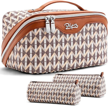 BOYATU Travel Makeup Bags for Women: Large Capacity Cosmetic Bag Set of 3 - Vegan Leather Make up Bags with Compartments - Wide Open Waterproof Toiletry Organizer Bag with Handle (E-05-Brown)