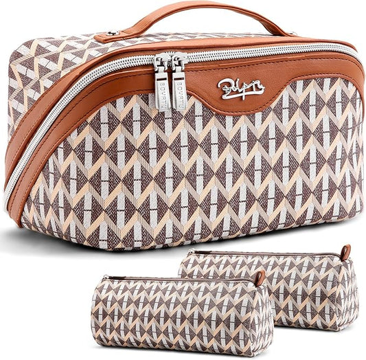 BOYATU Travel Makeup Bags for Women: Large Capacity Cosmetic Bag Set of 3 - Vegan Leather Make up Bags with Compartments - Wide Open Waterproof Toiletry Organizer Bag with Handle (E-05-Brown)