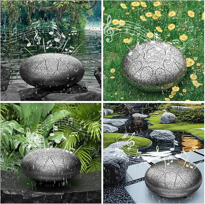 Rain Drum for Outside Garden, 8 Inches 11 Notes Steel Tongue Drum, Waterproof Meditation Rain Chime, Musical Instruments for Adult Gift with Bag, Music Book, Mallets (Star Sliver)