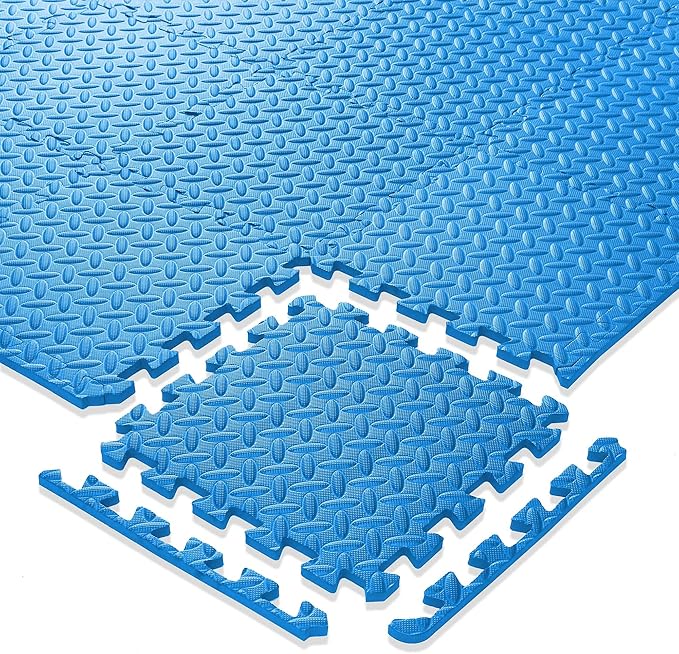 Philosophy Gym Pack of 12 Exercise Flooring Mats - 12 x 12 Inch Foam Rubber Interlocking Puzzle Floor Tiles - Blue