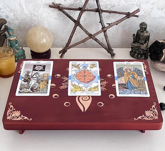 Altar Table, Meditation Table, Small Altar Table, Wooden Witch Altar, Wiccan Alter Table, Buddhist Shrine, Engraved Spiral Goddess on Table Top, 12 × 8 inches
